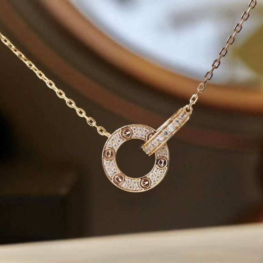[Okajuri Jewelry]LOVE 7.6MM NECKLACE ROSE GOLD AND SILVER  FULL DIAMOND