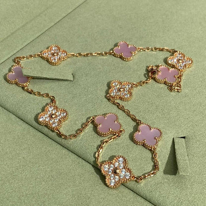 [Okajuri Jewelry]CLOVER 10 MOTIFS DIAMOND PINK MOP NECKLACE