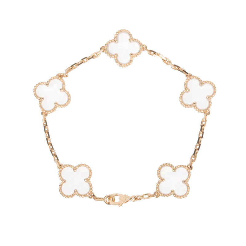 [Okajuri Jewelry]CLOVER 5 MOTIF ROCK CRYSTAL PINK GOLD BRACELET