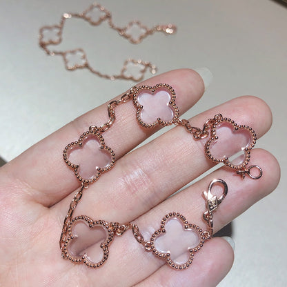 [Okajuri Jewelry]CLOVER 5 MOTIF ROCK CRYSTAL PINK GOLD BRACELET