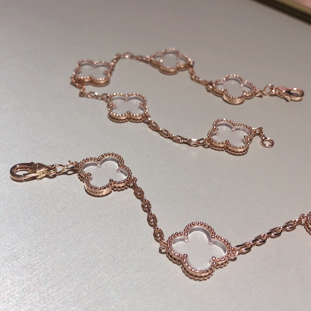 [Okajuri Jewelry]CLOVER 5 MOTIF ROCK CRYSTAL PINK GOLD BRACELET