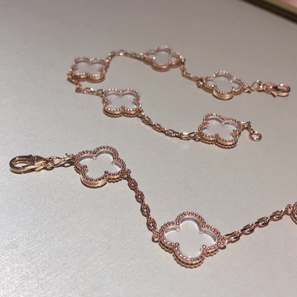 [Okajuri Jewelry]CLOVER 5 MOTIF ROCK CRYSTAL PINK GOLD BRACELET