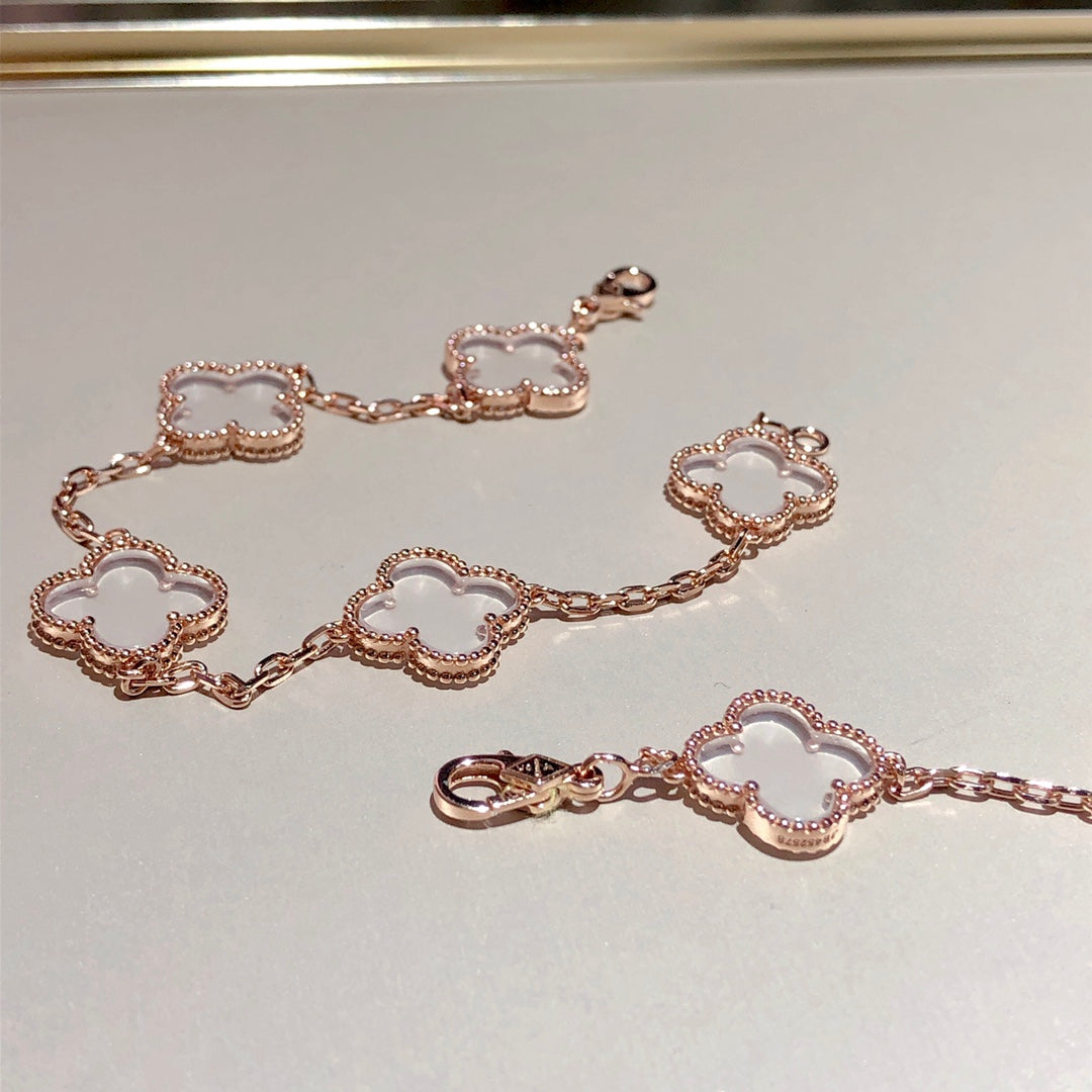 [Okajuri Jewelry]CLOVER 5 MOTIF ROCK CRYSTAL PINK GOLD BRACELET