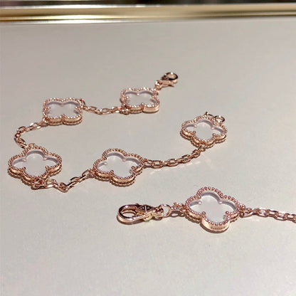 [Okajuri Jewelry]CLOVER 5 MOTIF ROCK CRYSTAL PINK GOLD BRACELET
