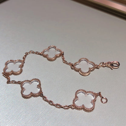 [Okajuri Jewelry]CLOVER 5 MOTIF ROCK CRYSTAL PINK GOLD BRACELET