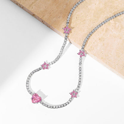 [Okajuri Jewelry]Dazzling Pink Heart Flower Necklace