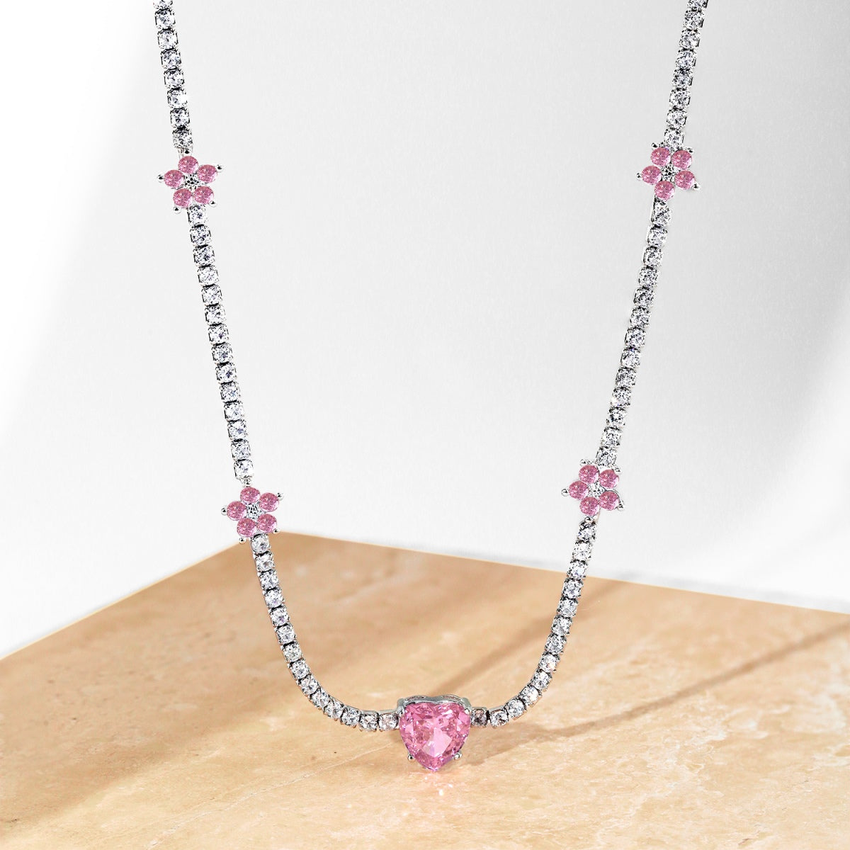 [Okajuri Jewelry]Dazzling Pink Heart Flower Necklace