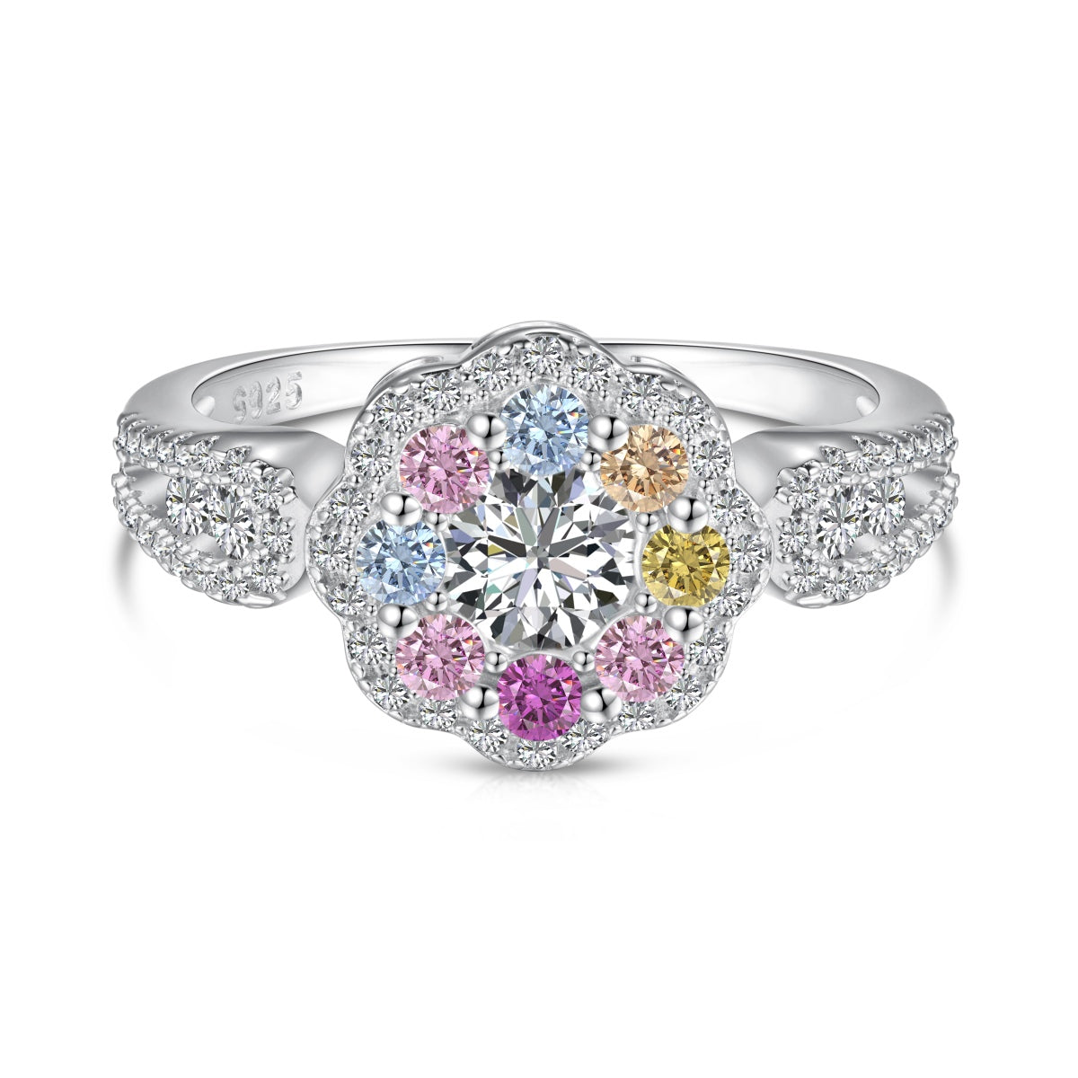 [Okajuri Jewelry]Delicate Colorful Round Cut Flower Shape Wedding Ring