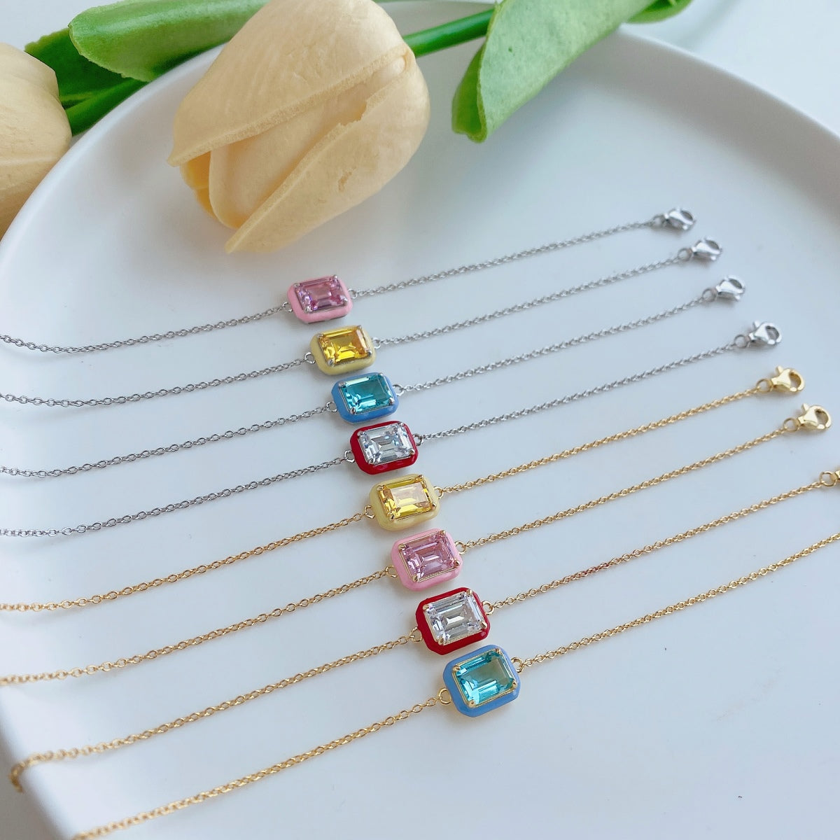 [Okajuri Jewelry]2.0 Carat Sparkling Colorful Emerald Cut Daily Bracelet