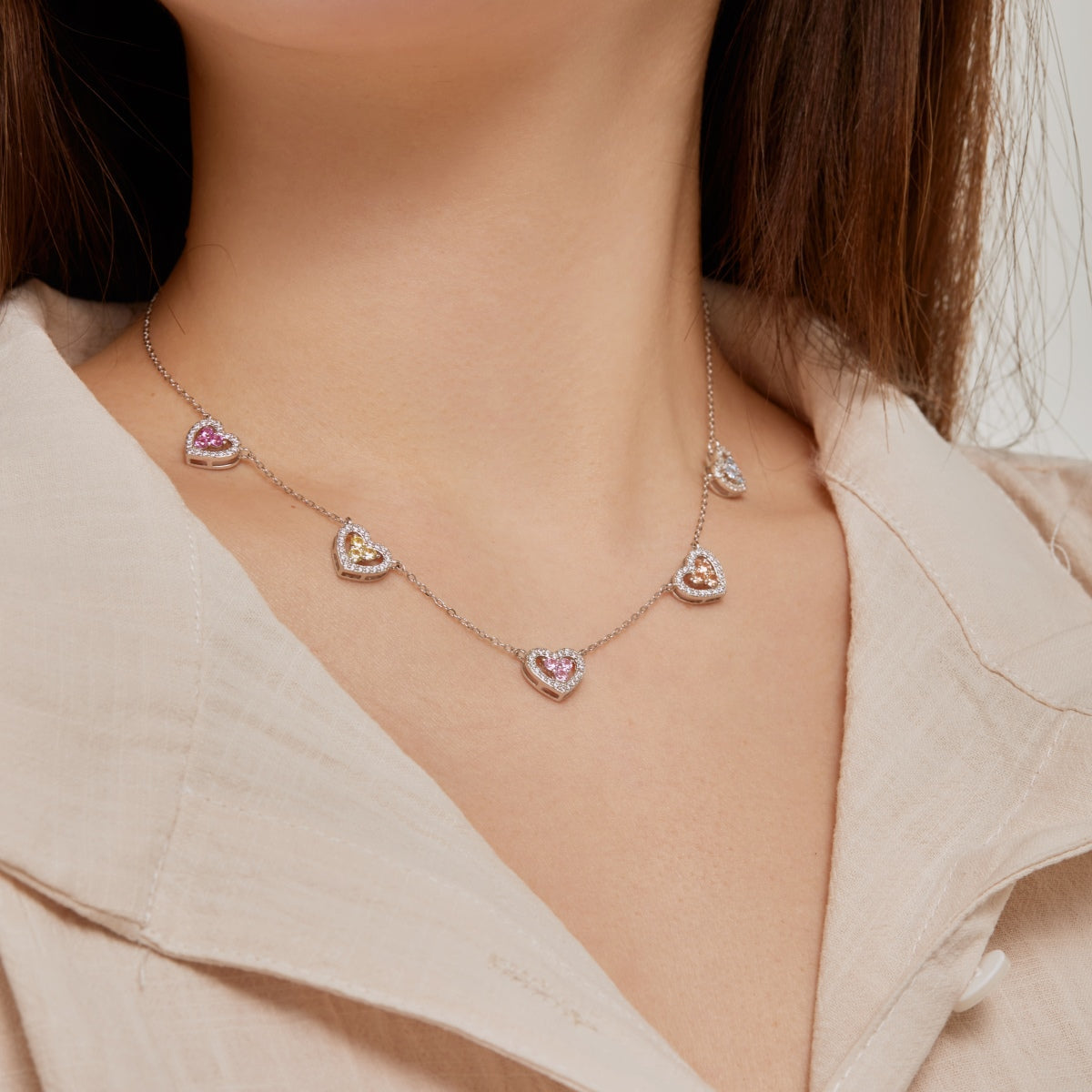 [Okajuri Jewelry]Sparkling Five Heart Necklace
