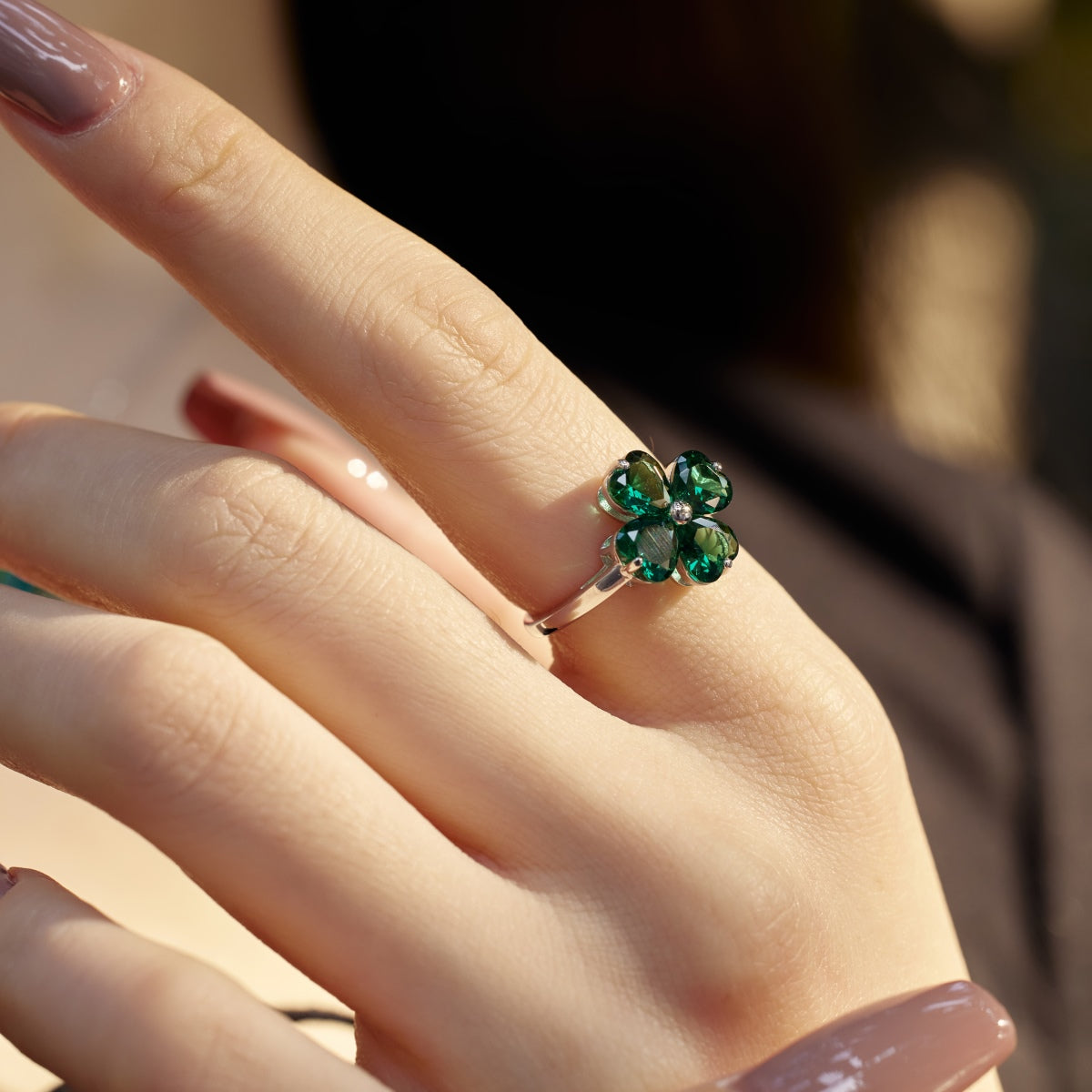 [Okajuri Jewelry]Heart-shaped Four-Leaf Clover Ball Ring