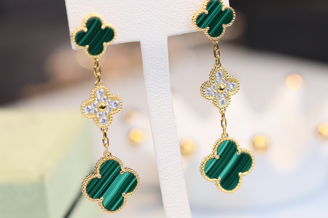 [Okajuri Jewelry]CLOVER EARRINGS GOLD MALACHITE DIAMOND 3 MOTIF