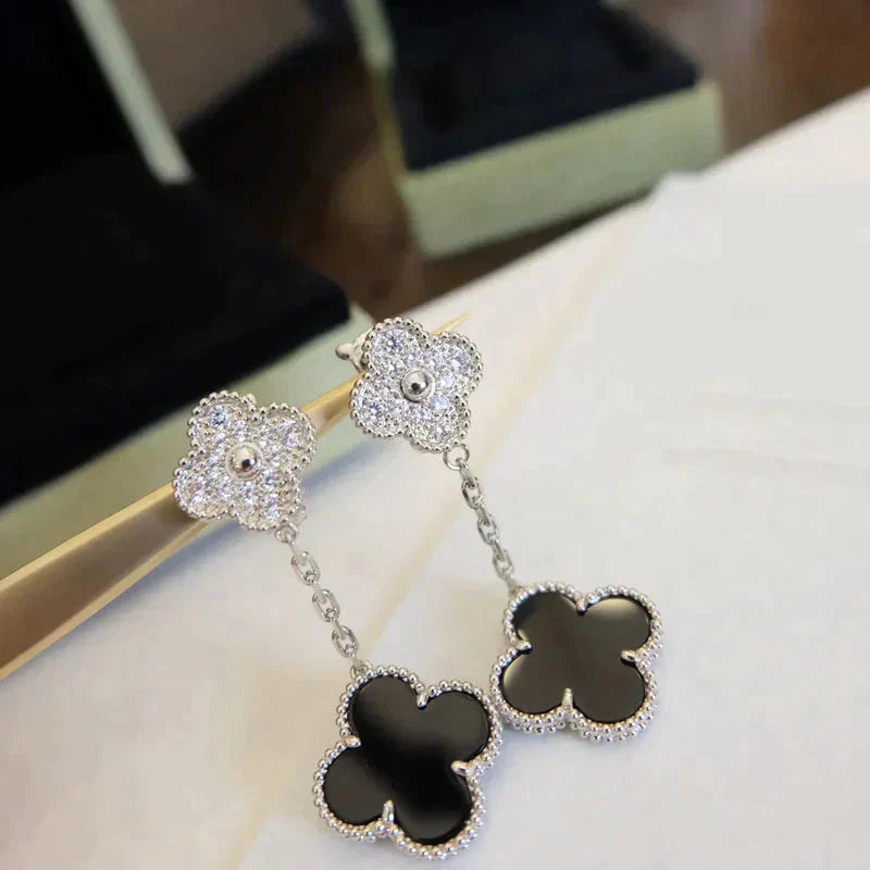 [Okajuri Jewelry]CLOVER 2 MOTIFS  DIAMOND ONYX EARRINGS SILVER