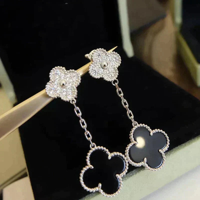 [Okajuri Jewelry]CLOVER 2 MOTIFS  DIAMOND ONYX EARRINGS SILVER