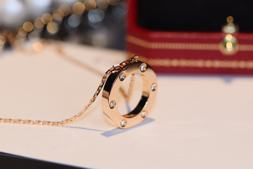 [Okajuri Jewelry]LOVE NECKLACE 16MM 6 DIAMONDS PINK GOLD