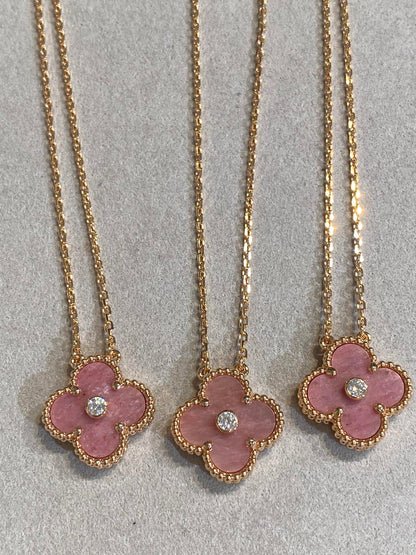 [Okajuri Jewelry]CLOVER 15MM DIAMOND RHODONITE NECKLACE