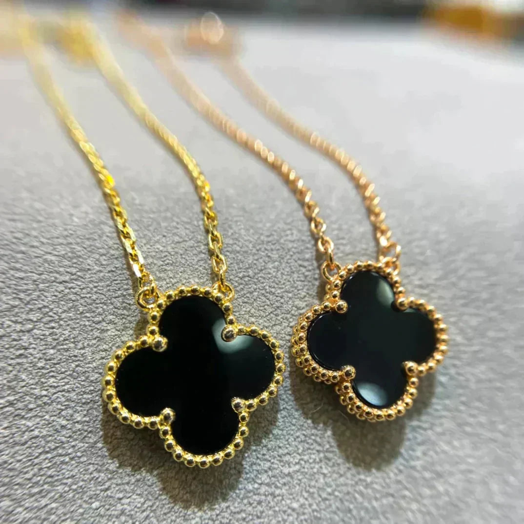 [Okajuri Jewelry]CLOVER 15MM BLACK ONYX SINGLE FLOWER NECKLACE