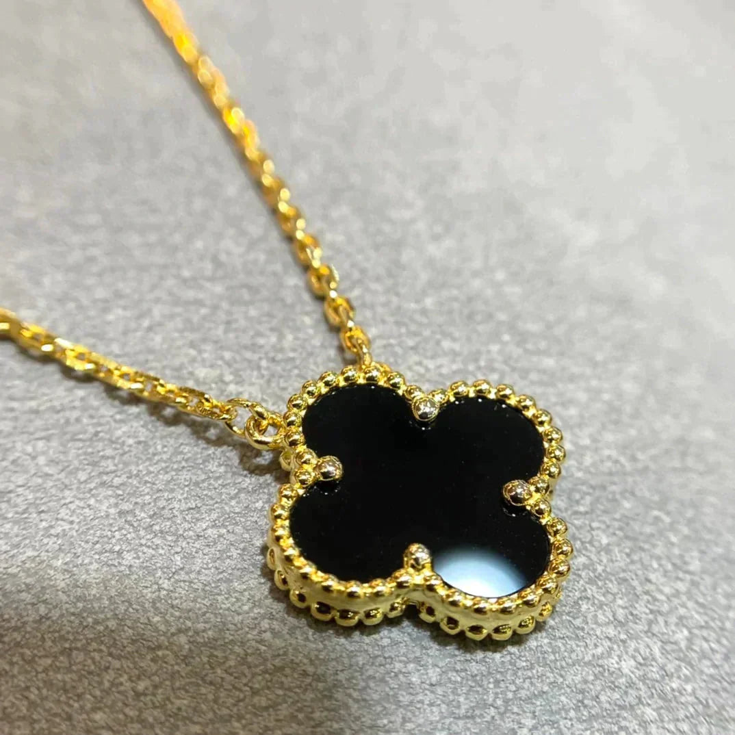 [Okajuri Jewelry]CLOVER 15MM BLACK ONYX SINGLE FLOWER NECKLACE