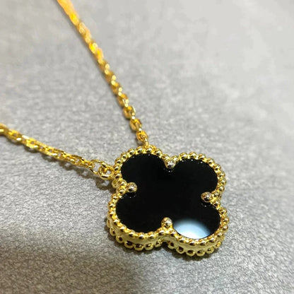 [Okajuri Jewelry]CLOVER 15MM BLACK ONYX SINGLE FLOWER NECKLACE