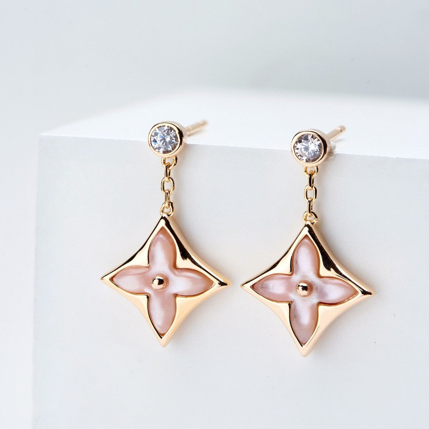 [Okajuri Jewelry]DOUBLE STAR PINK GOLD MOP DROP EARRINGS