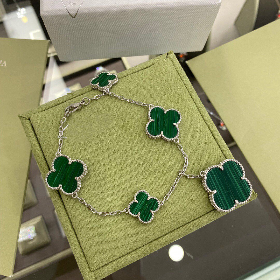 [Okajuri Jewelry]CLOVER 5 MOTIFS SIVLER MALACHITE BRACELET
