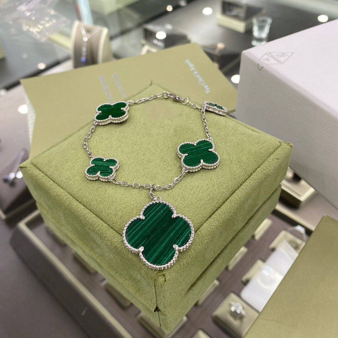 [Okajuri Jewelry]CLOVER 5 MOTIFS SIVLER MALACHITE BRACELET