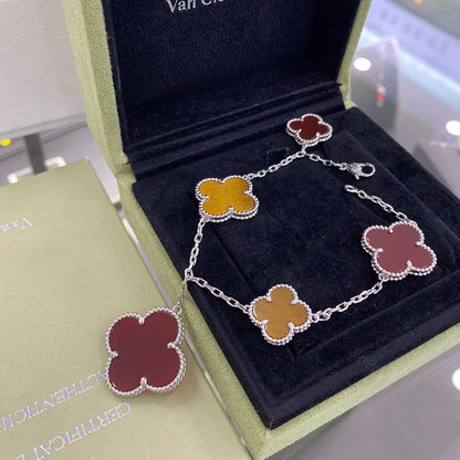 [Okajuri Jewelry]CLOVER 5 MOTIFS SIVLER CARNELIAN TIGER EYE BRACELET