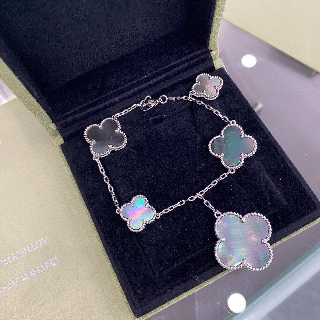 [Okajuri Jewelry]CLOVER 5 MOTIFS SIVLER DARK MOP BRACELET