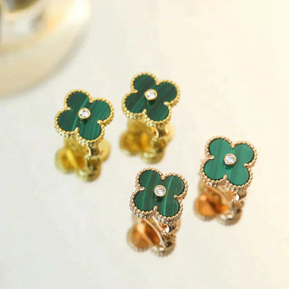 [Okajuri Jewelry]CLOVER MEDIUM 1 MOTIFS MALACHITE DIAMOND EARRINGS