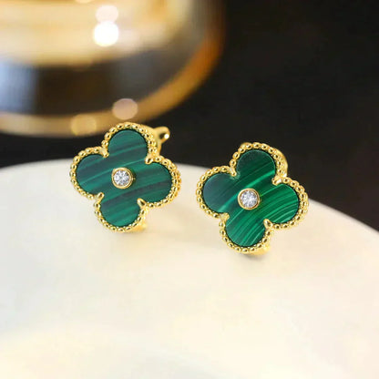 [Okajuri Jewelry]CLOVER MEDIUM 1 MOTIFS MALACHITE DIAMOND EARRINGS