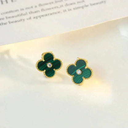 [Okajuri Jewelry]CLOVER MEDIUM 1 MOTIFS MALACHITE DIAMOND EARRINGS