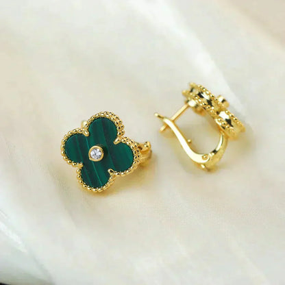 [Okajuri Jewelry]CLOVER MEDIUM 1 MOTIFS MALACHITE DIAMOND EARRINGS