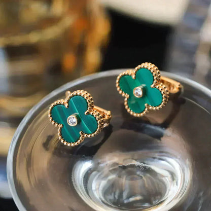 [Okajuri Jewelry]CLOVER MEDIUM 1 MOTIFS MALACHITE DIAMOND EARRINGS