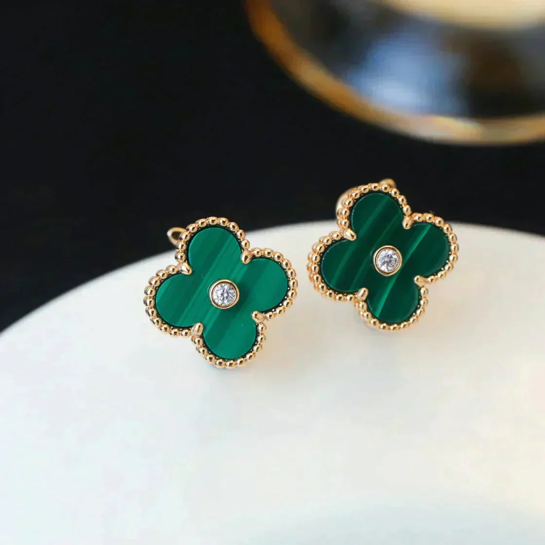 [Okajuri Jewelry]CLOVER MEDIUM 1 MOTIFS MALACHITE DIAMOND EARRINGS