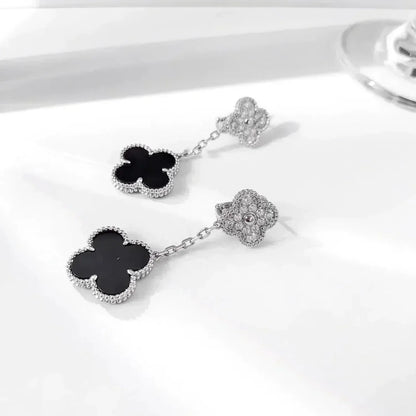 [Okajuri Jewelry]CLOVER 2 MOTIFS  DIAMOND ONYX EARRINGS SILVER