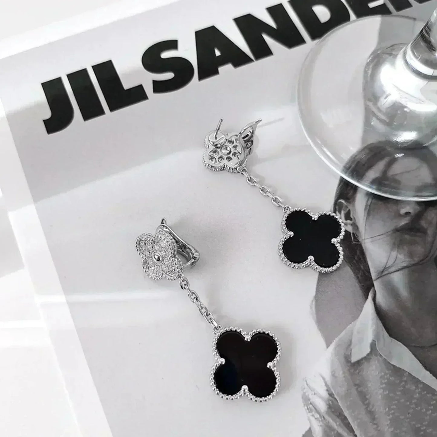 [Okajuri Jewelry]CLOVER 2 MOTIFS  DIAMOND ONYX EARRINGS SILVER