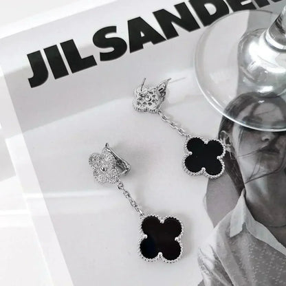 [Okajuri Jewelry]CLOVER 2 MOTIFS  DIAMOND ONYX EARRINGS SILVER