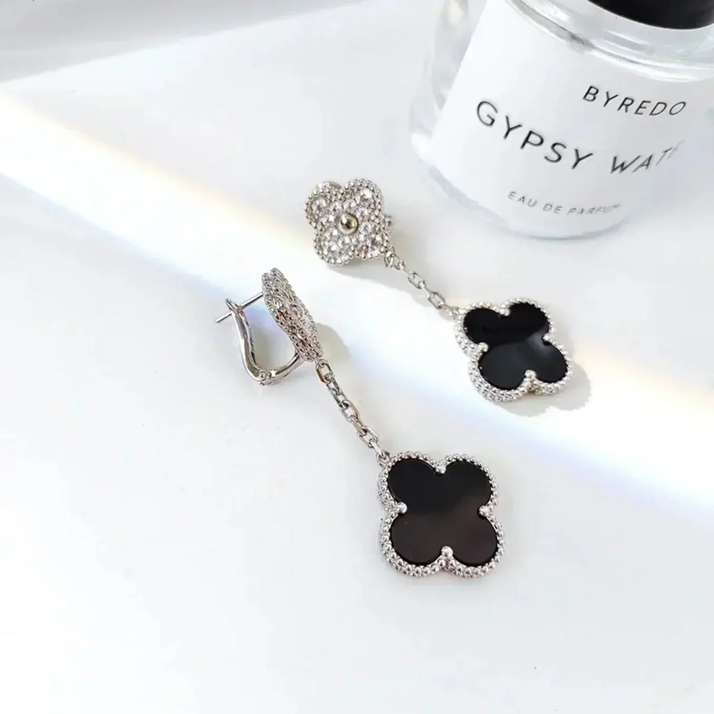 [Okajuri Jewelry]CLOVER 2 MOTIFS  DIAMOND ONYX EARRINGS SILVER