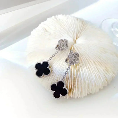 [Okajuri Jewelry]CLOVER 2 MOTIFS  DIAMOND ONYX EARRINGS SILVER