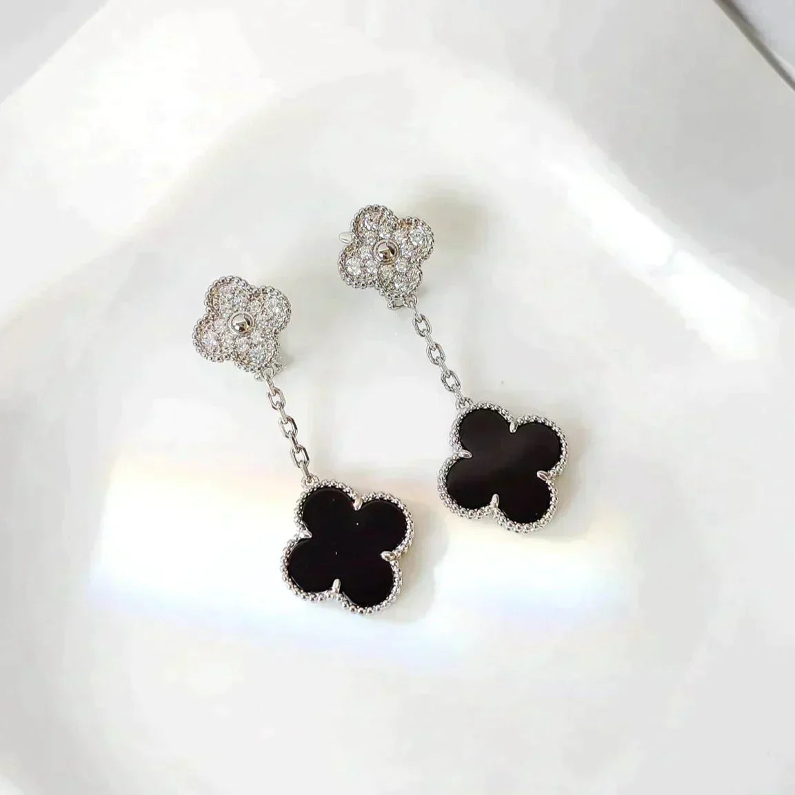 [Okajuri Jewelry]CLOVER 2 MOTIFS  DIAMOND ONYX EARRINGS SILVER