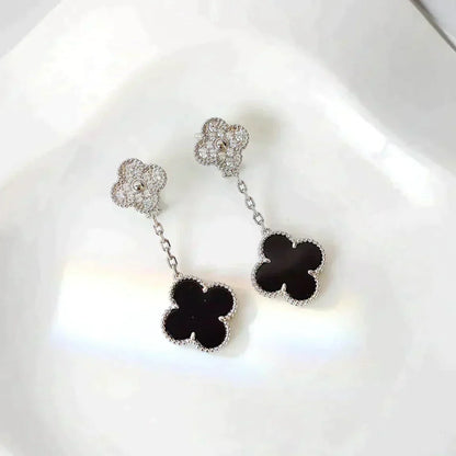 [Okajuri Jewelry]CLOVER 2 MOTIFS  DIAMOND ONYX EARRINGS SILVER