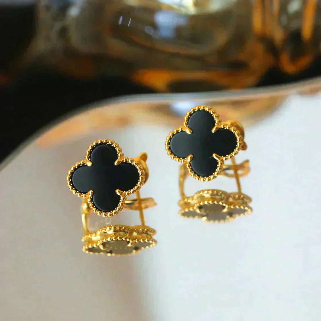 [Okajuri Jewelry]CLOVER MEDIUM 1 MOTIFS  ONYX STUD EARRINGS