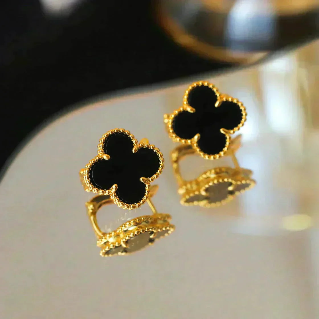 [Okajuri Jewelry]CLOVER MEDIUM 1 MOTIFS  ONYX STUD EARRINGS