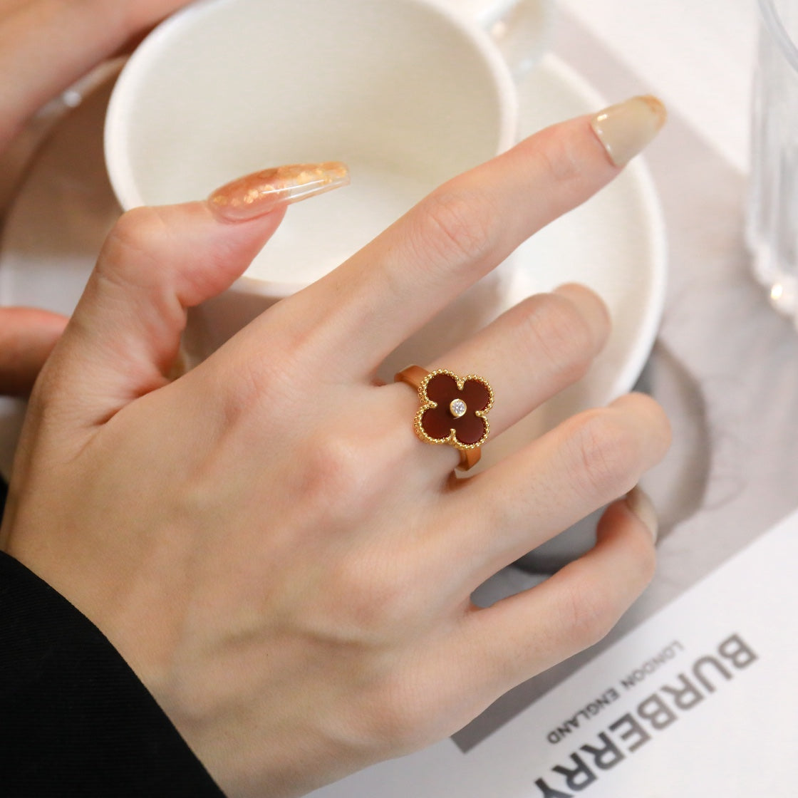 [Okajuri Jewelry]CLOVER CARNELIAN RING ROSE GOLD DIAMOND
