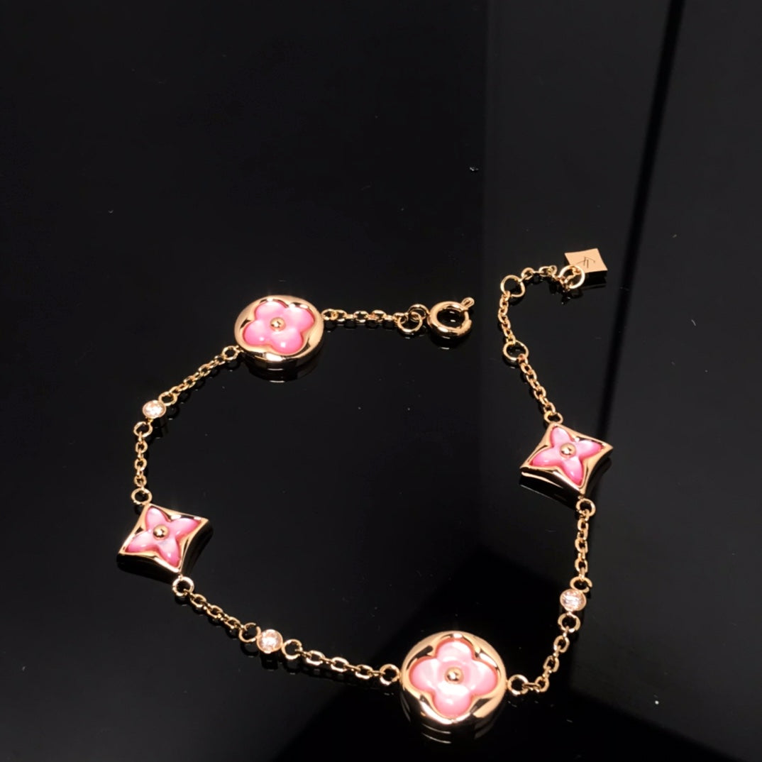 [Okajuri Jewelry]STAR AND SUN 4 MOTIF PINK MOP PINK GOLD BRACELET