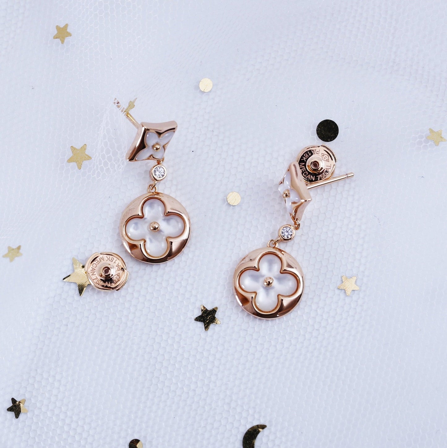 [Okajuri Jewelry]STAR AND SUN PINK GOLD MOP DROP EARRINGS