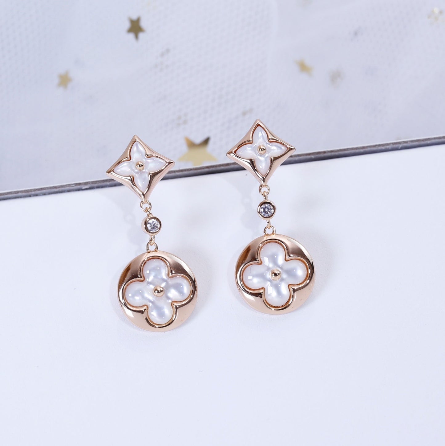 [Okajuri Jewelry]STAR AND SUN PINK GOLD MOP DROP EARRINGS