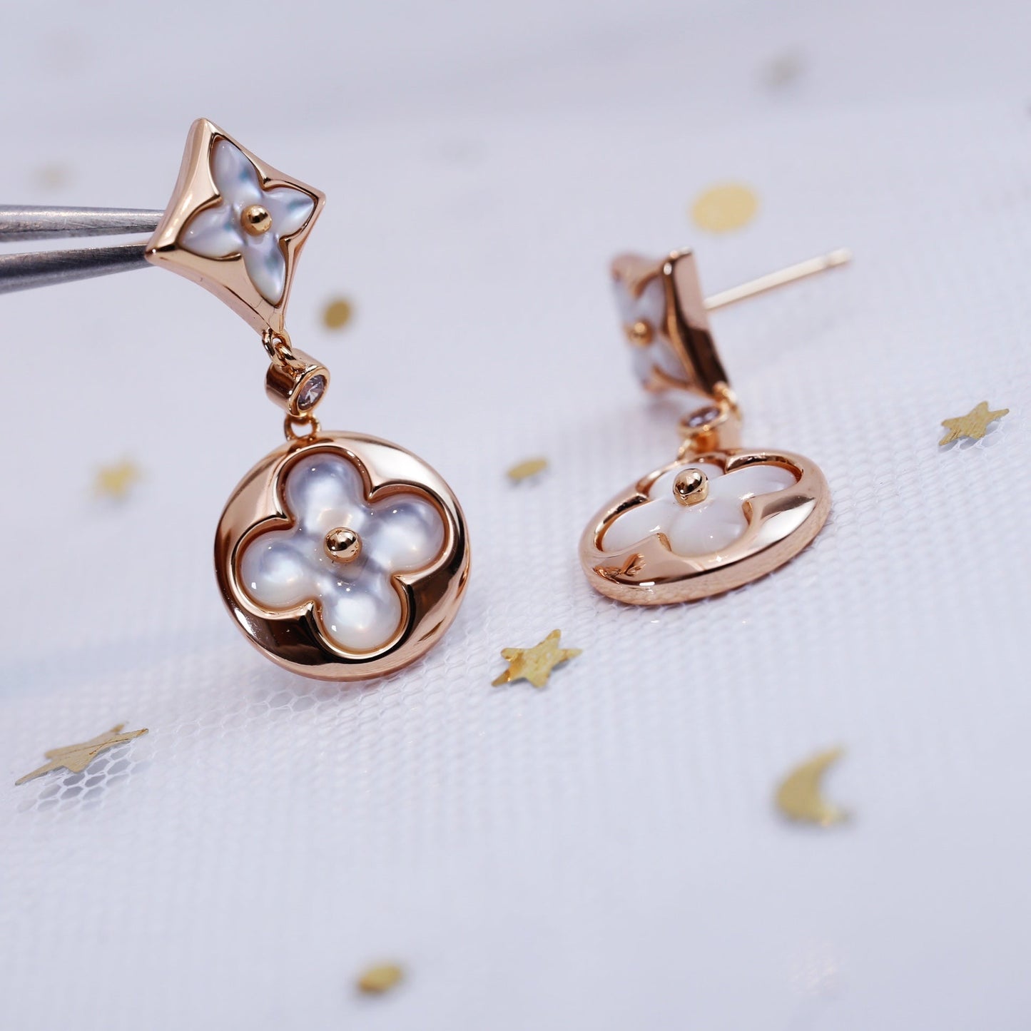 [Okajuri Jewelry]STAR AND SUN PINK GOLD MOP DROP EARRINGS