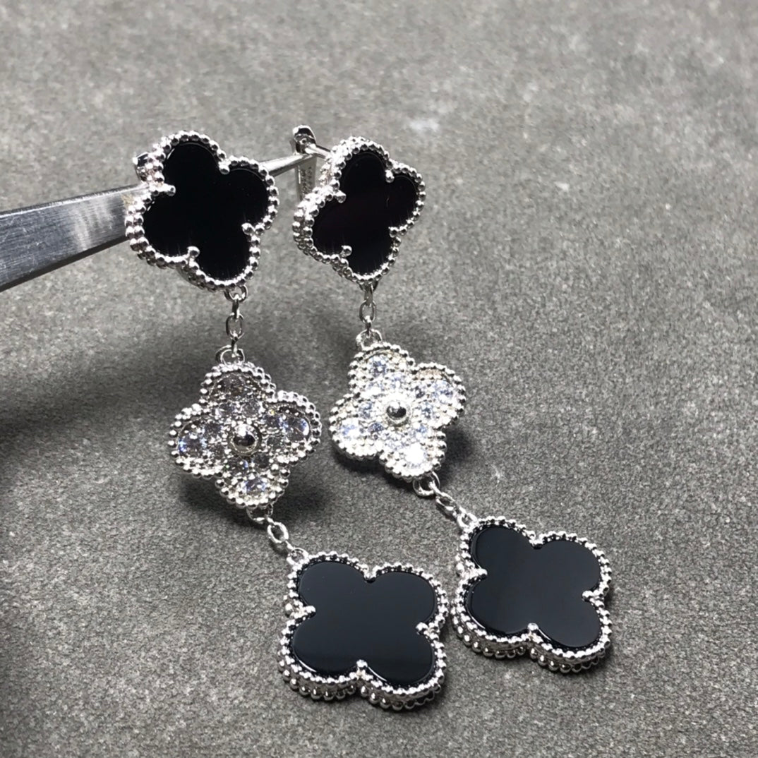 [Okajuri Jewelry]CLOVER 3 MOTIF DIAMOND ONYX SILVER EARRINGS