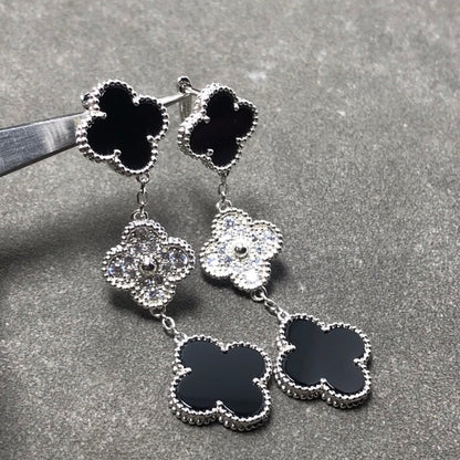 [Okajuri Jewelry]CLOVER 3 MOTIF DIAMOND ONYX SILVER EARRINGS